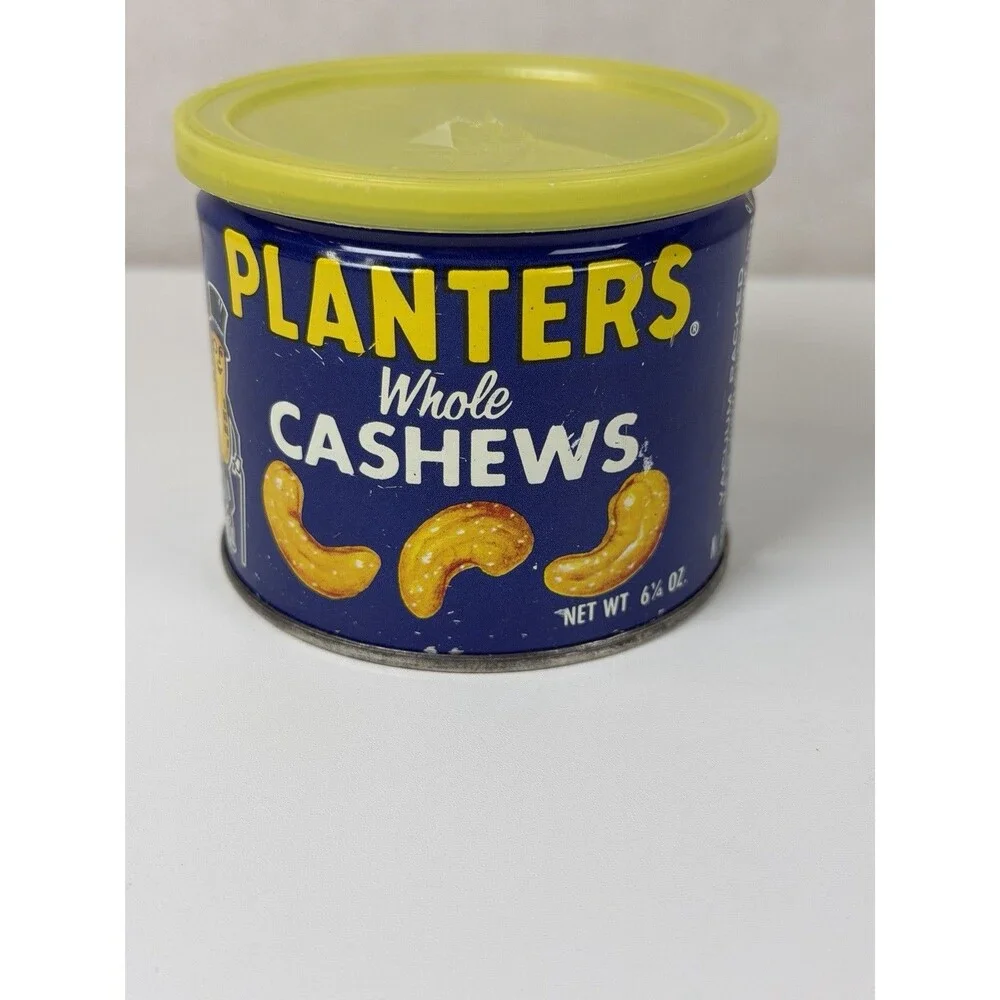 Vintage Planters Whole Cashews Tin with Yellow Lid - 6.5 oz Key-Open Metal Can